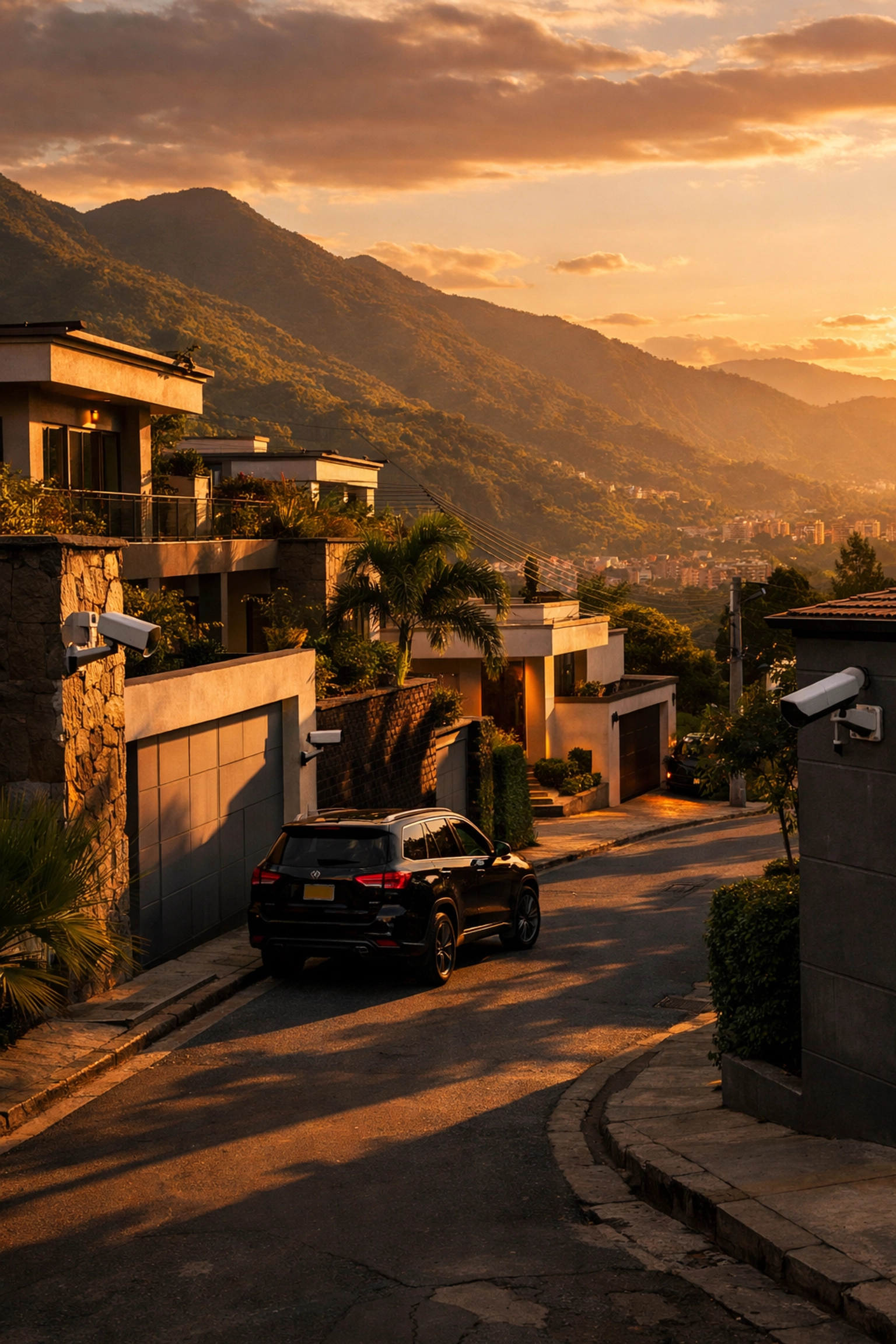 Secure residential street in El Poblado Medellin with gated homes and security cameras