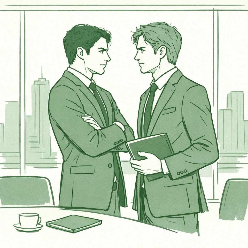 Two rival businessmen in boardroom standoff - MM corporate romance The Marriage Merger
