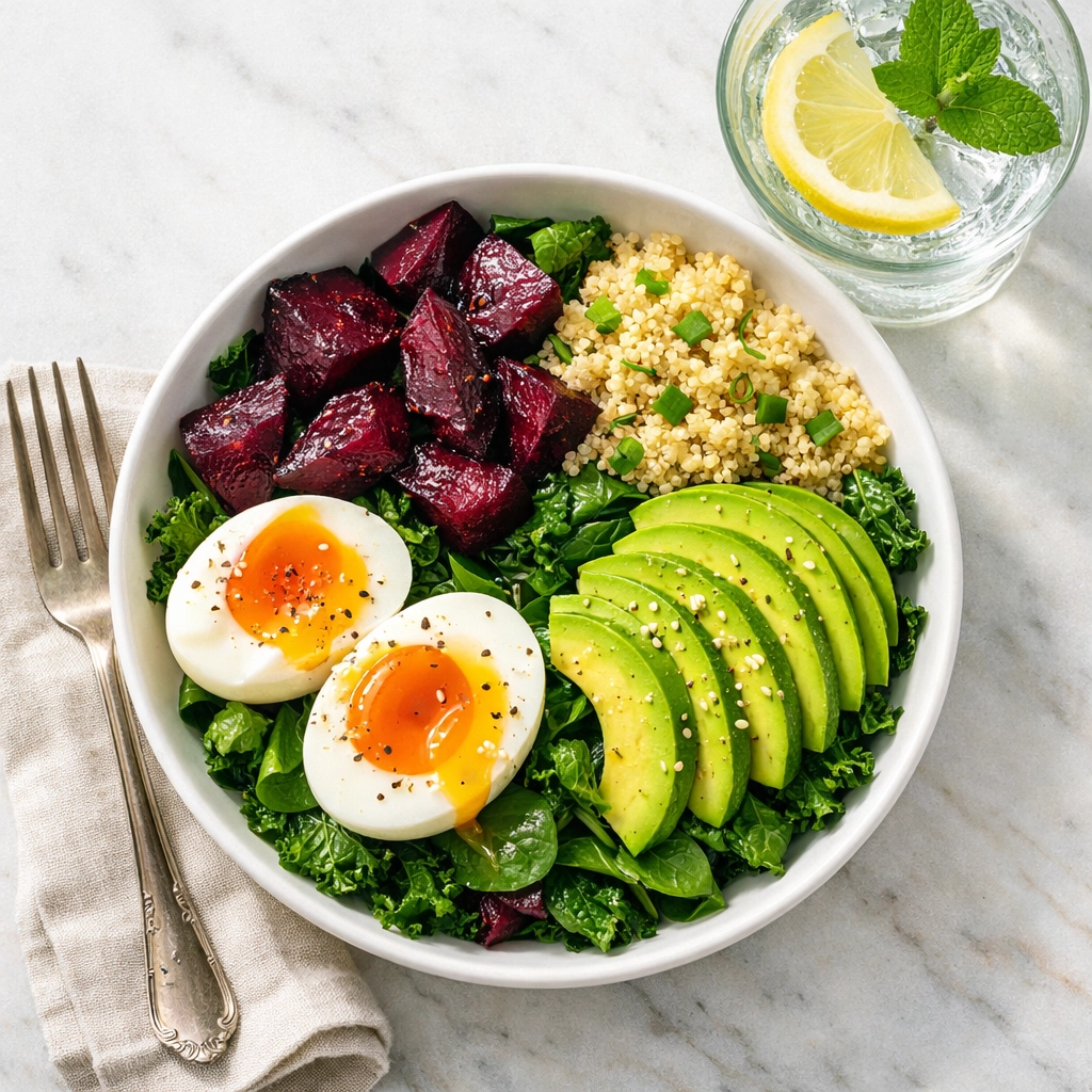 Nutrient-dense fertility meal bowl with leafy greens and eggs for balanced blood sugar.