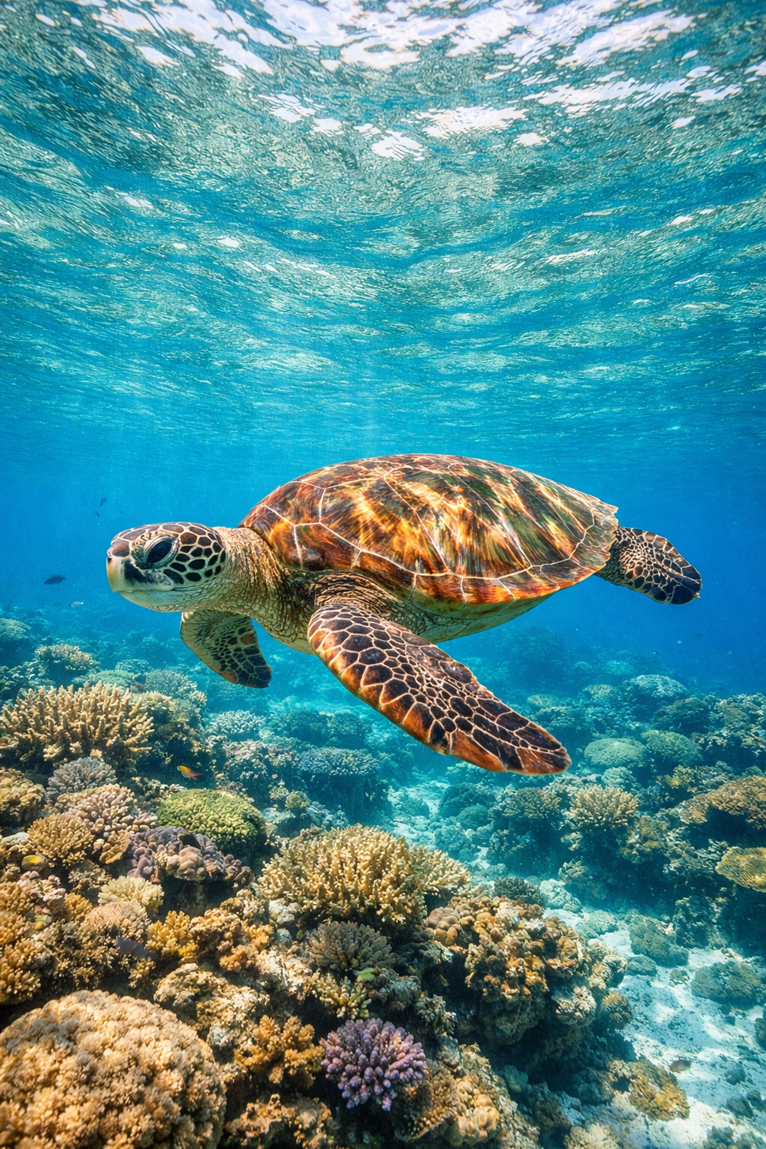 Sea turtle over a coral reef showcasing environmental context in wildlife conservation images.