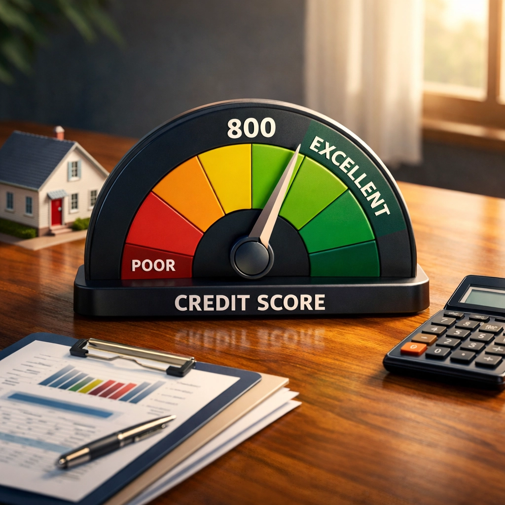 Credit score gauge rising toward excellent range with house model and mortgage documents
