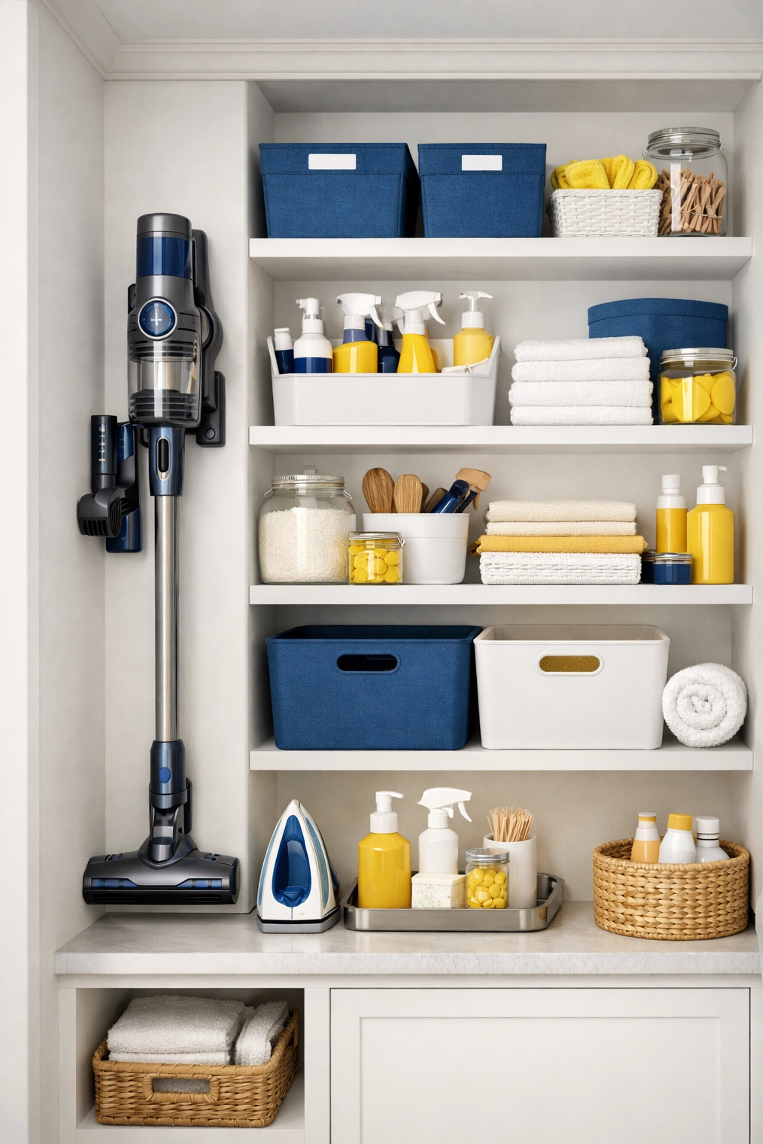 Organized utility nook in a small space demonstrating apartment cleaning services Leominster MA storage tips.