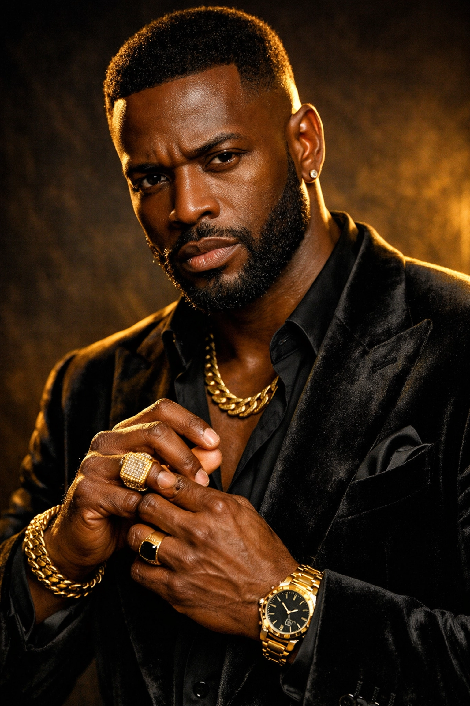 Man wearing luxury Black-owned gold jewelry, representing the spirit of ownership and legacy.