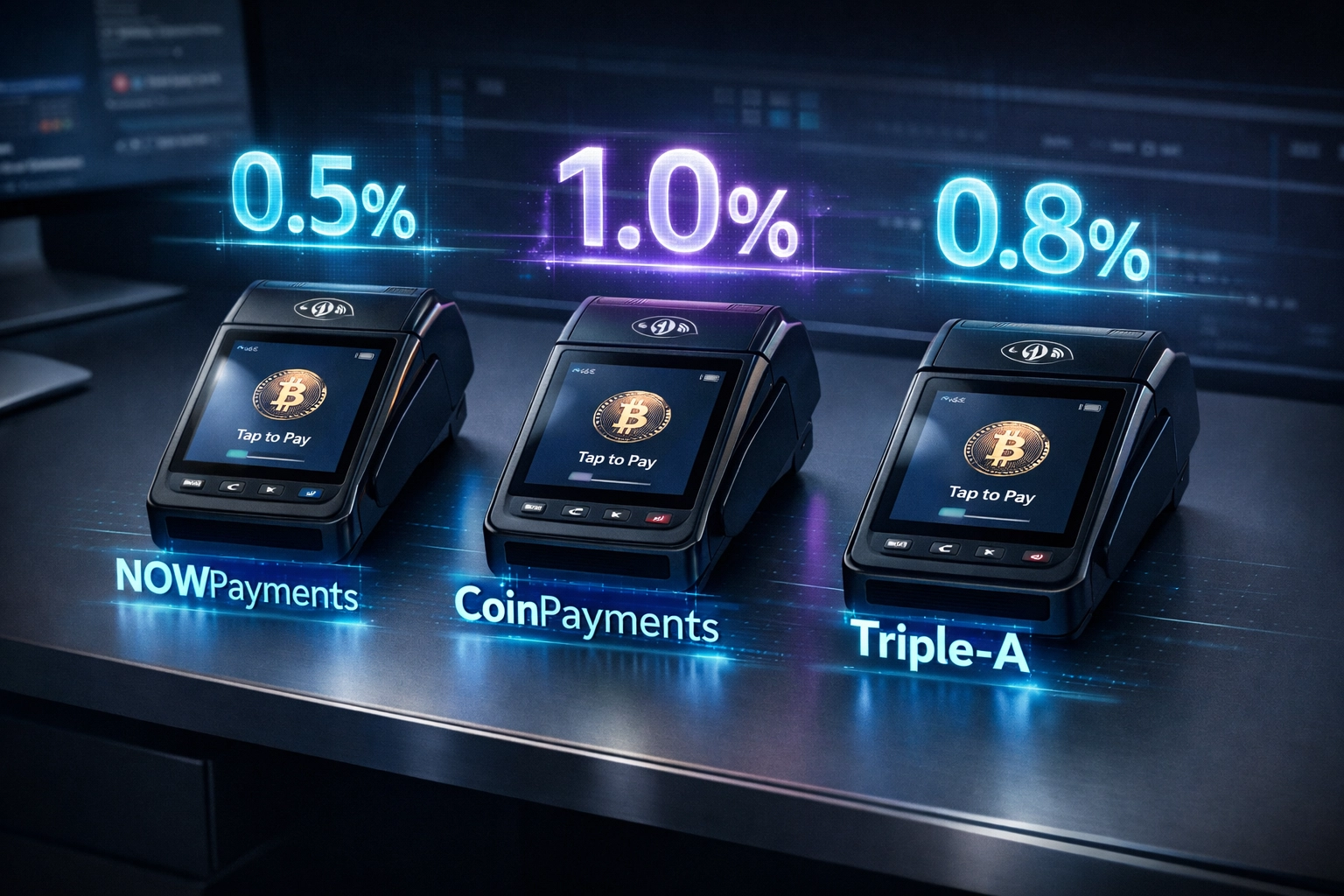 Comparison of NOWPayments, CoinPayments, and Triple-A crypto POS systems with fee percentages