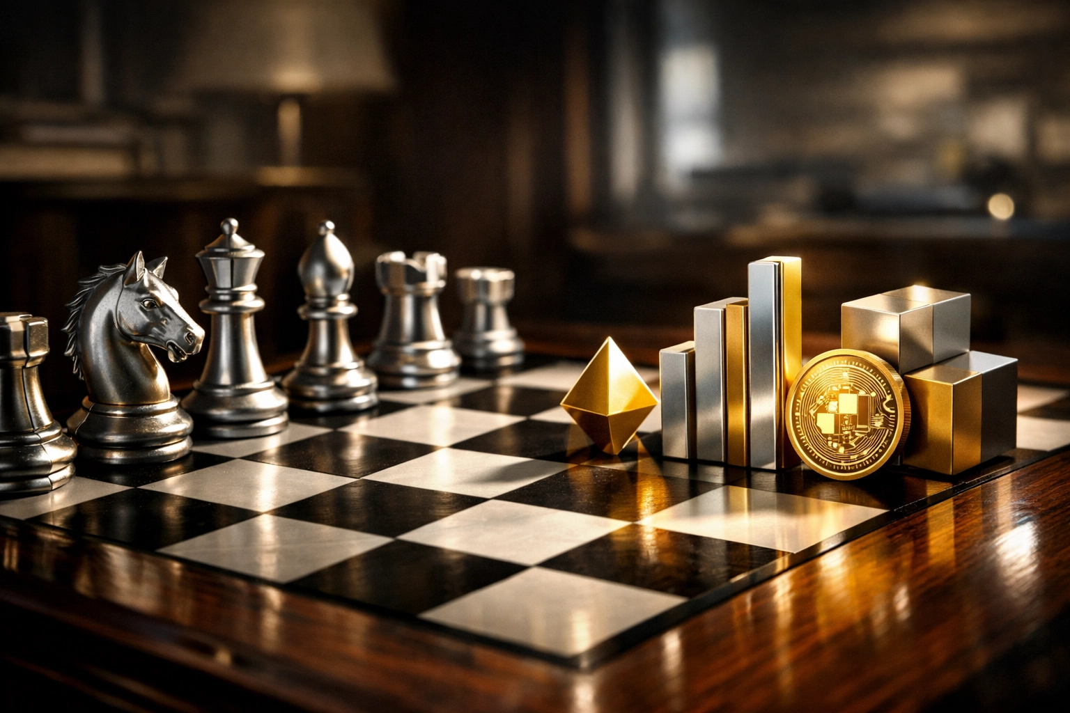 Strategic chess board blending traditional investment pieces with innovative digital asset strategies