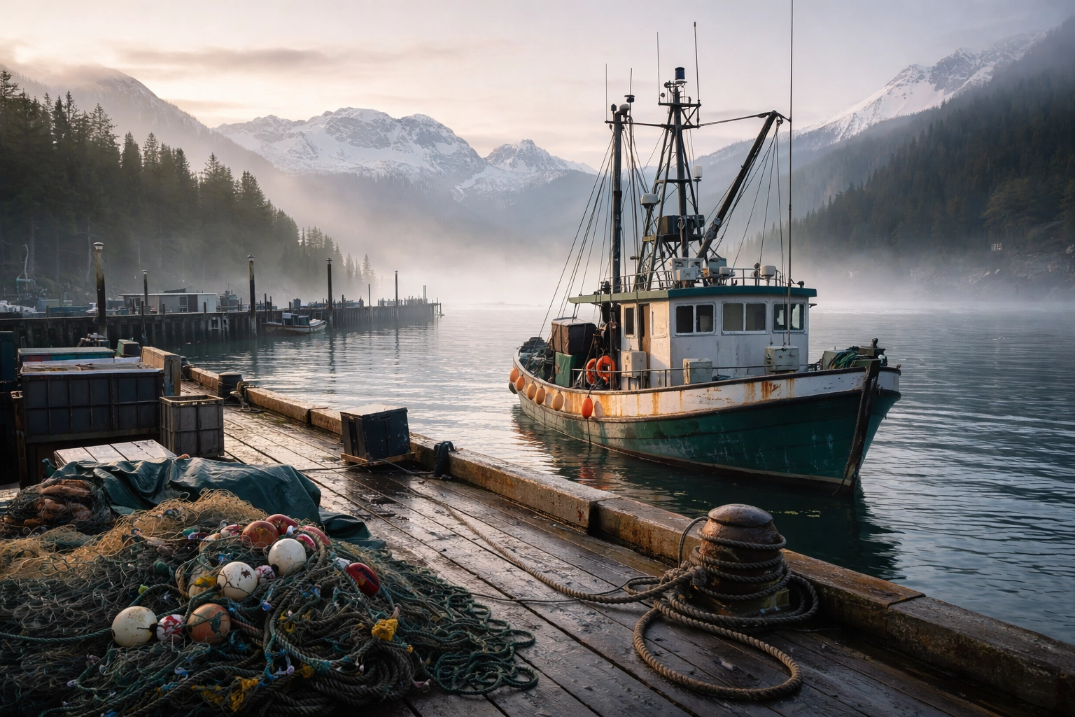Alaskan fishing boat docked at a misty harbor with mountains, symbolizing local Alaska business resilience