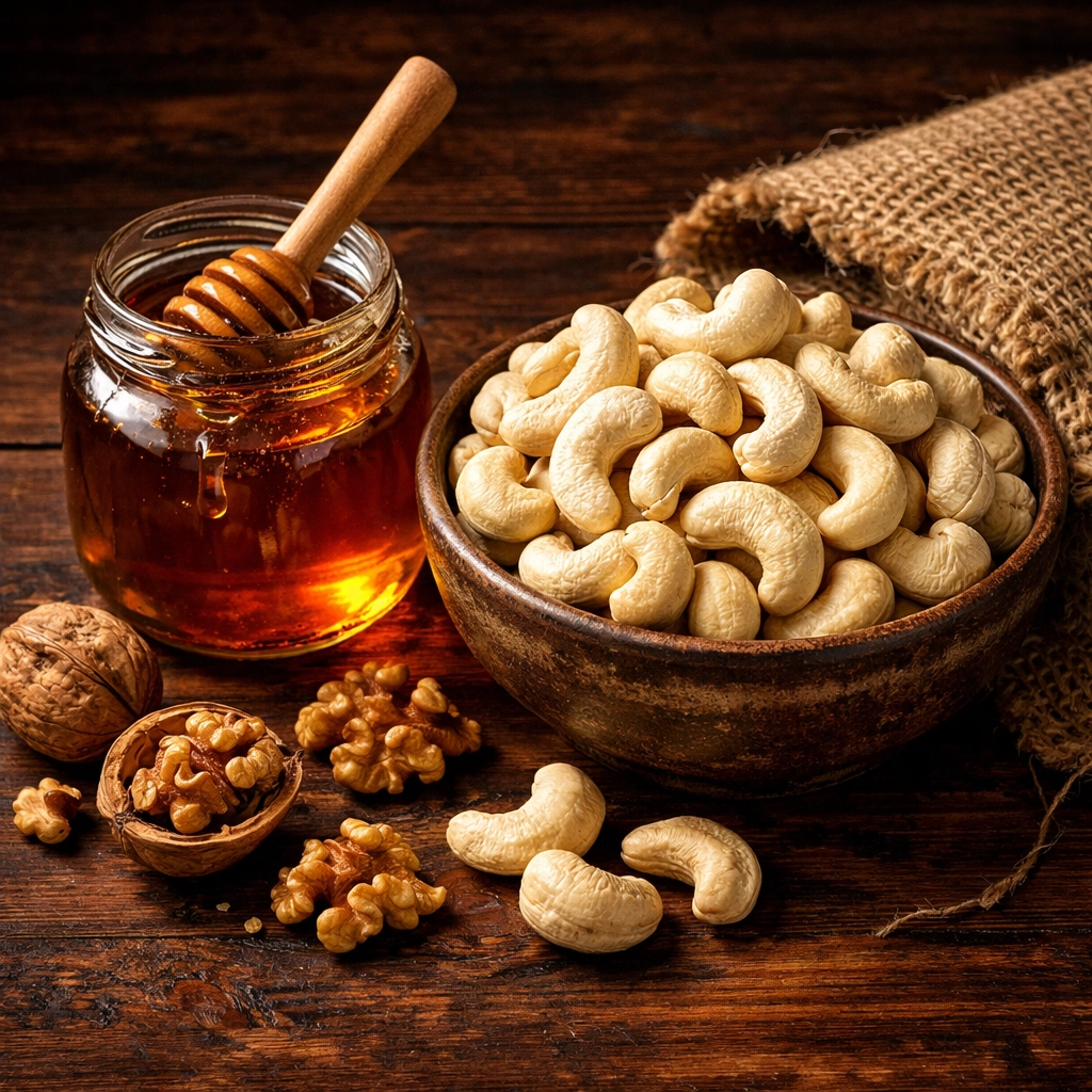Natural forest honey and premium Kerala cashews on a rustic wooden table showing organic farm produce.