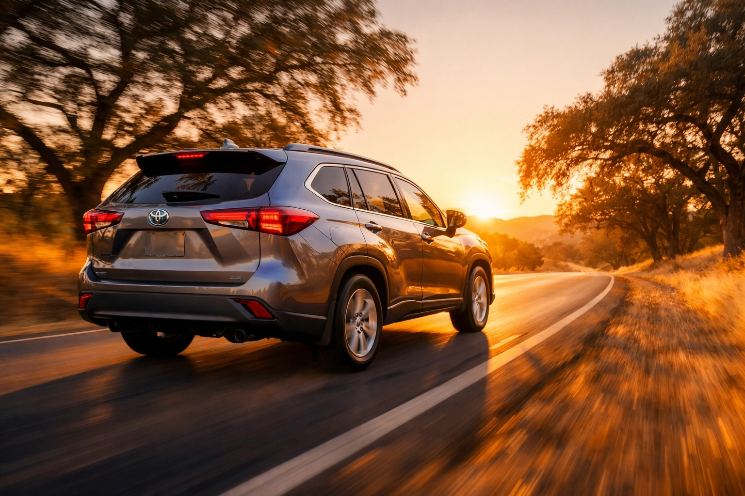 Reliable Toyota SUV driving on a scenic road representing peace of mind after auto service.