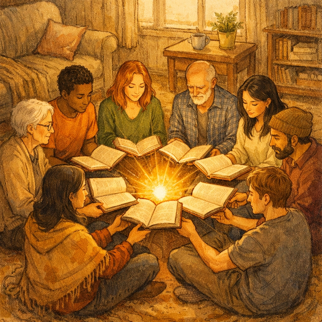 Diverse group of people in circle reading together in warm morning light