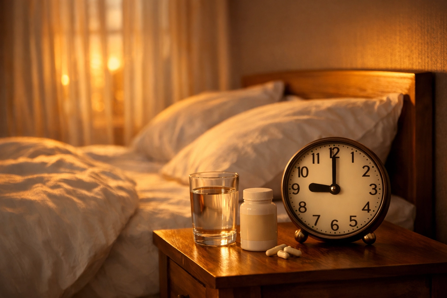 Peaceful bedroom at evening with magnesium supplement on bedside table for sleep routine