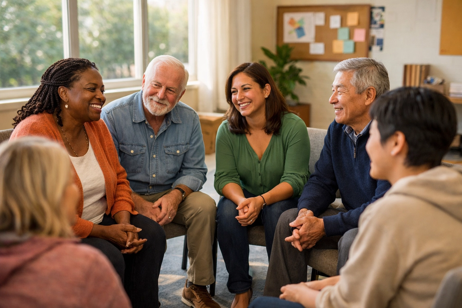 Diverse mental health support group meeting in community center for peer counseling