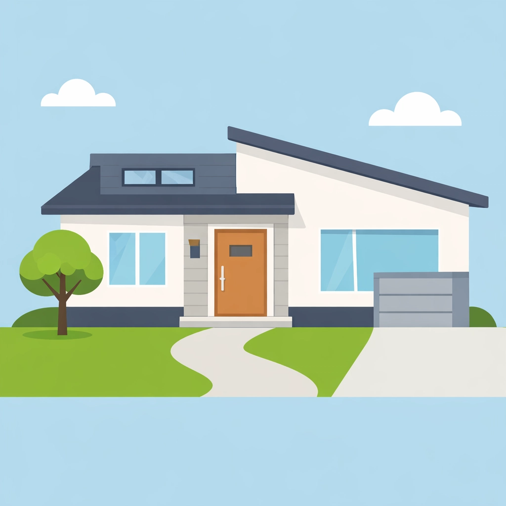 Ilustración de una casa moderna representando el proceso de compra de vivienda para familias latinas.