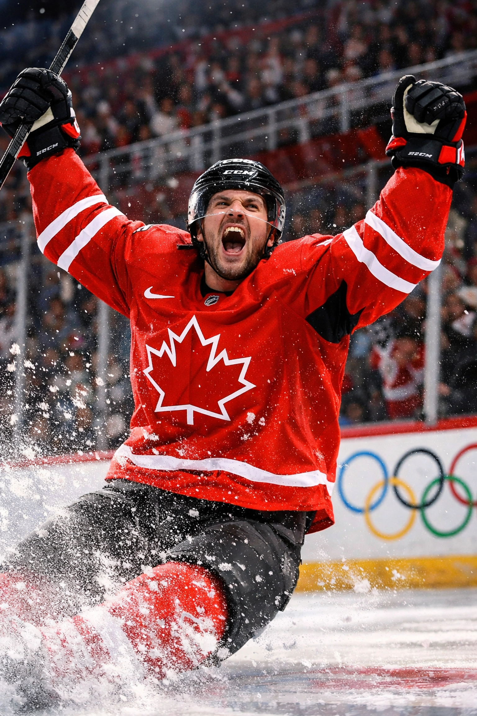 Team Canada hockey player celebrates Olympic victory on ice during 2026 Winter Games