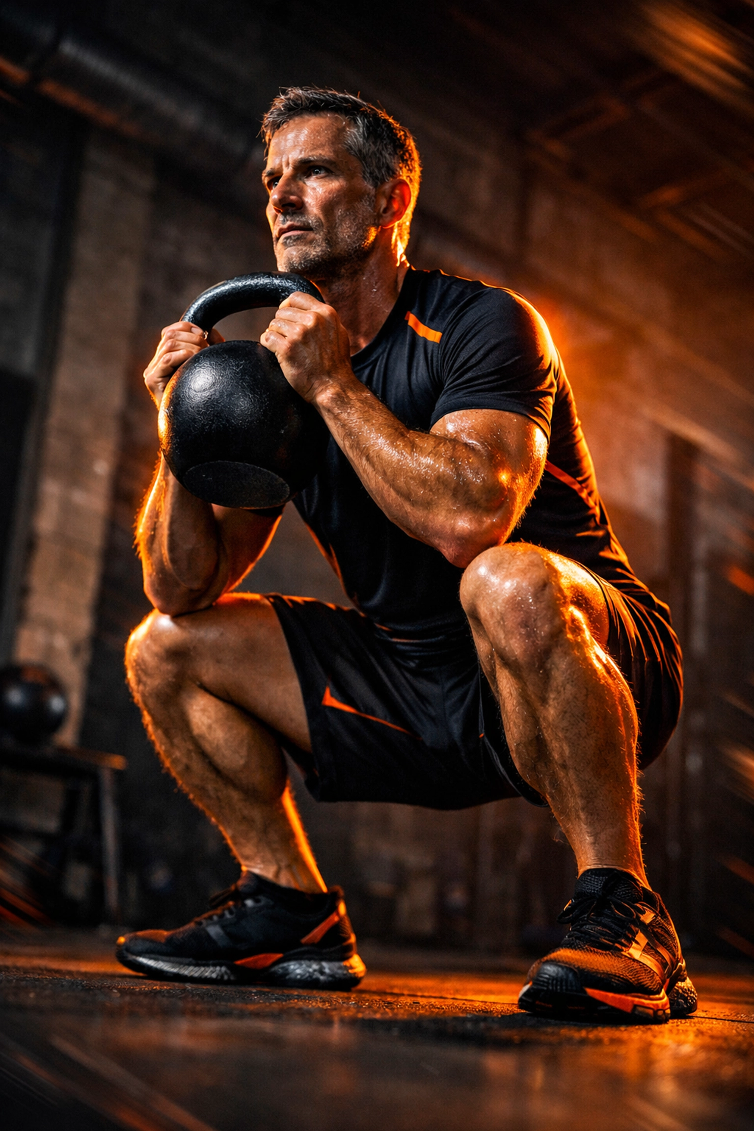 Master runner performing a heavy goblet squat as part of a strength training routine for runners over 40.