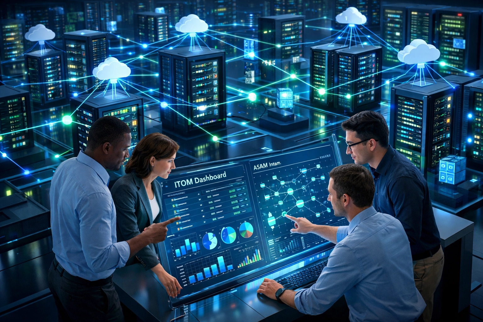 IT team collaborating on ITOM and ITAM dashboards for ServiceNow infrastructure management