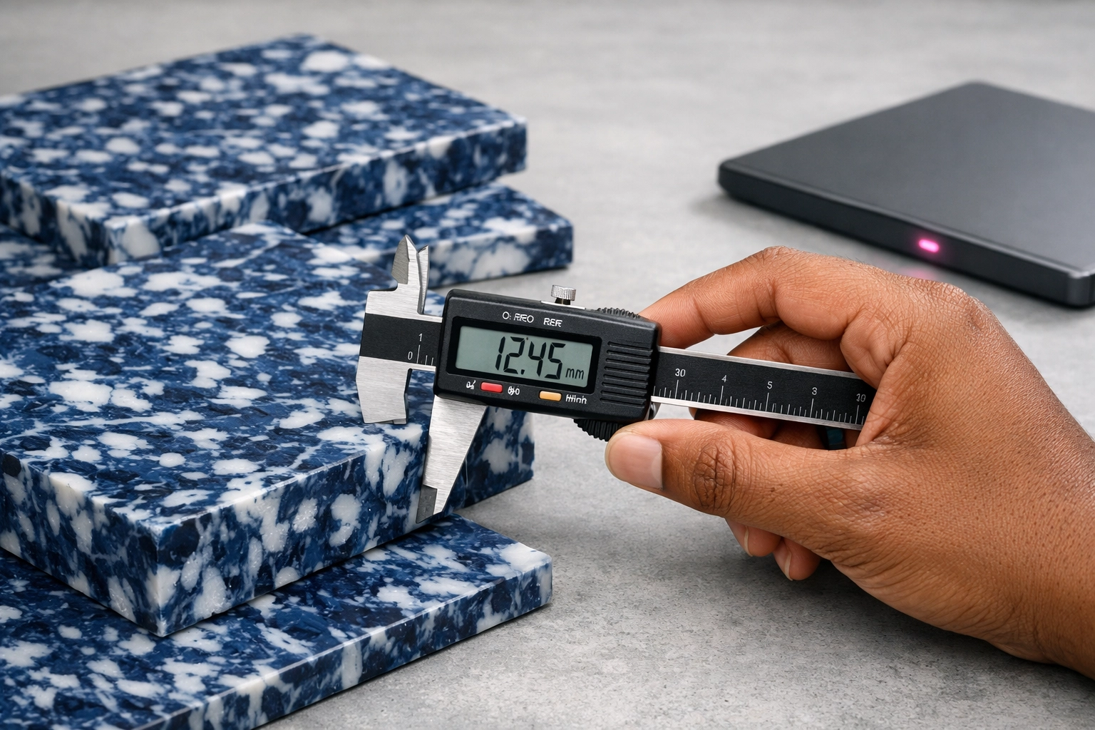 Precision measurement of a marbled recycled plastic panel for data-driven reporting in circular construction 2026.