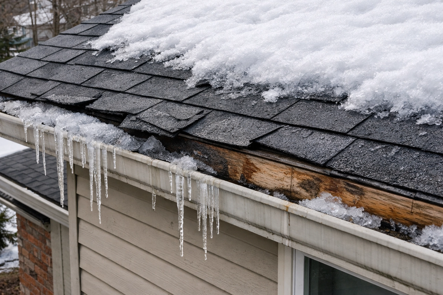 Ice dam damage on Edmonton home roof with icicles, water stains, and lifted shingles