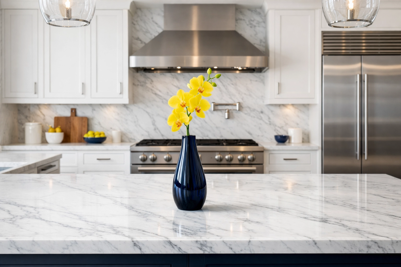 Luxury kitchen with marble counters in a Dover home, showcasing expert residential cleaning Massachusetts.