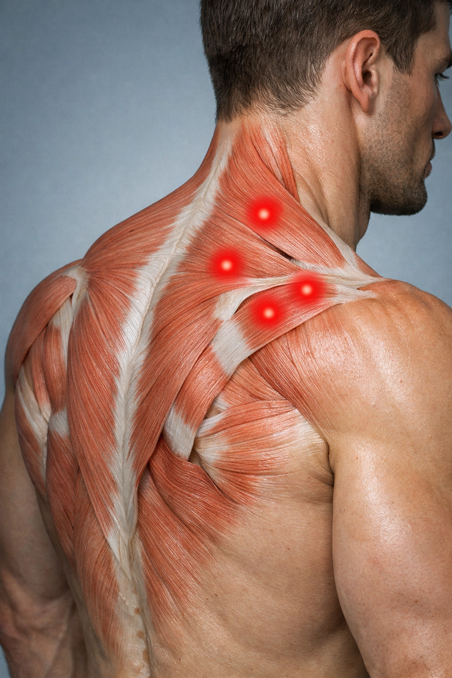 Anatomical view of shoulder and back muscles showing trigger point locations