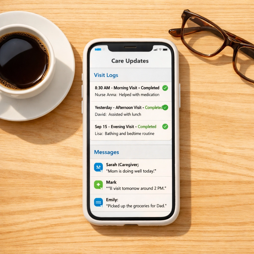 Modern care communication app showing real-time updates for Southampton home care