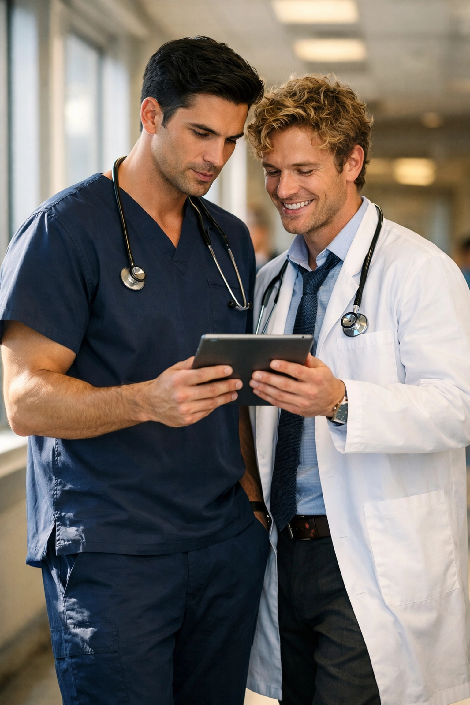 Two male doctors standing close in a hospital hallway, sharing a moment from a friends to lovers MM romance story.