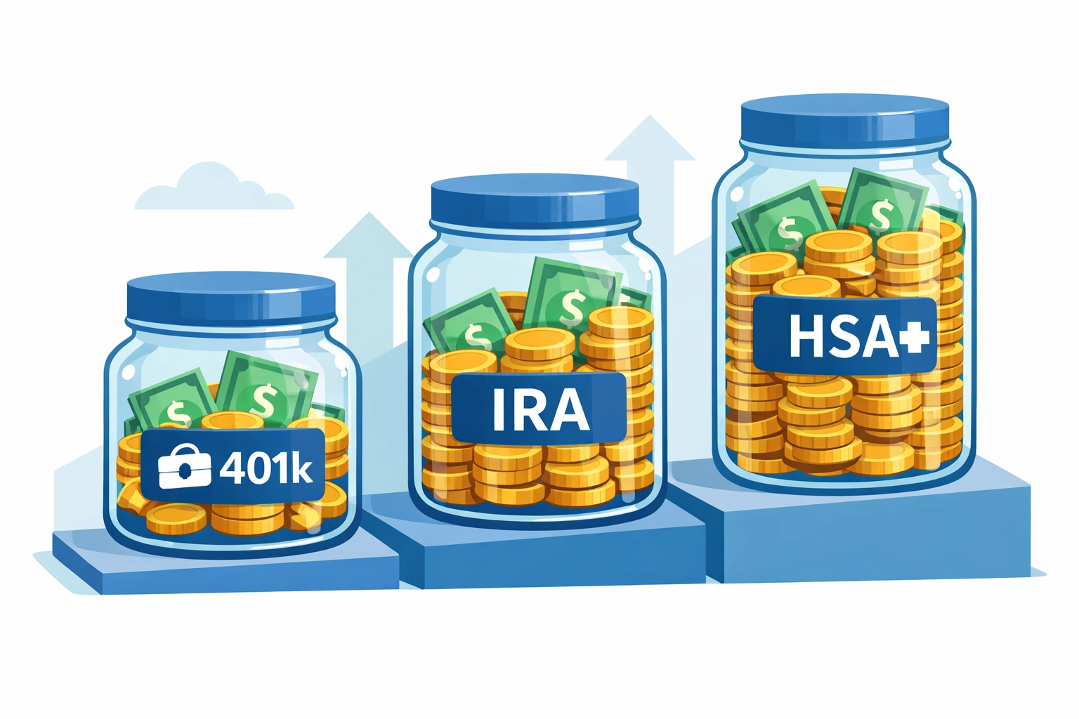 Retirement account savings jars showing 401k IRA and HSA contributions for tax refund maximization