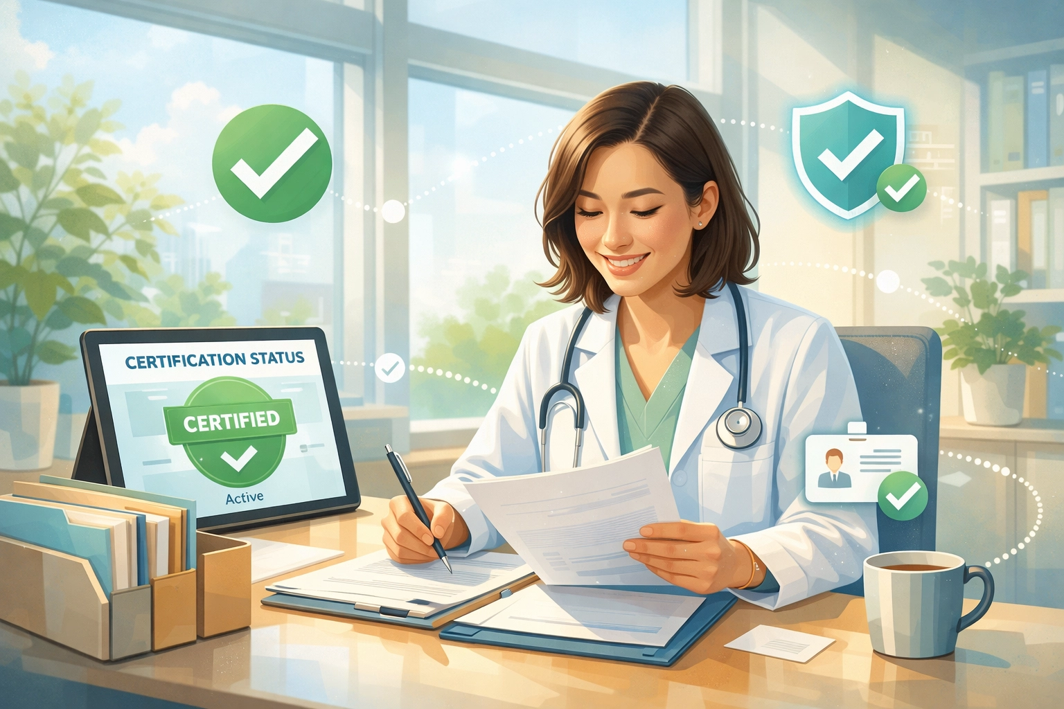 Healthcare facility owner reviewing LegitScript certification documents and compliance status