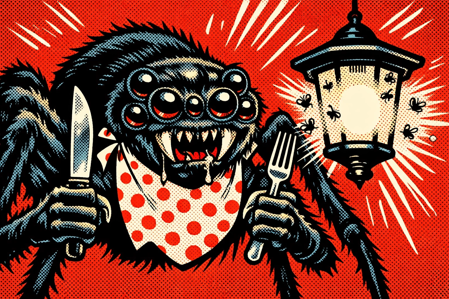 Comic illustration of a spider by a porch light, showing why folks need professional pest control Jasper AL.