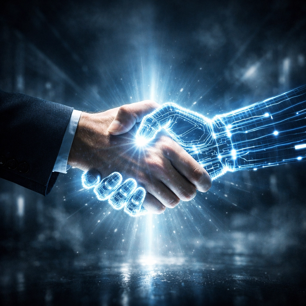 Symbolischer Handschlag zwischen Mensch und künstlicher Intelligenz für die Zukunft der Steuerberatung.