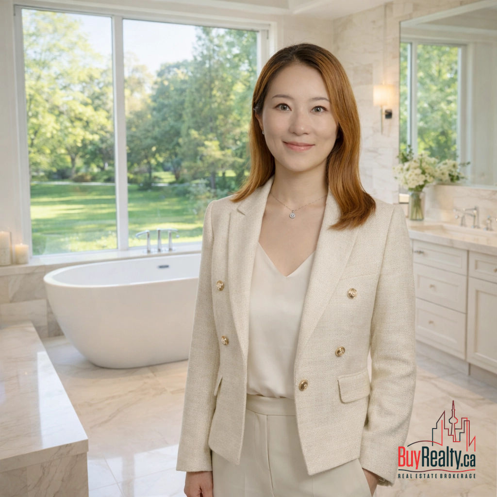 A professional real estate agent stands in a modern, sunlit bathroom with elegant marble finishes.