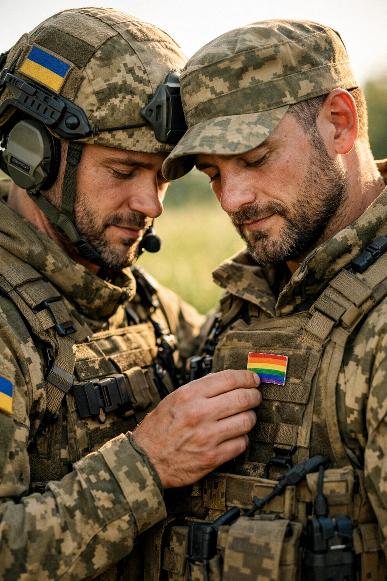 Gay Ukrainian soldiers in military uniform showing LGBTQ+ pride and solidarity in the field.