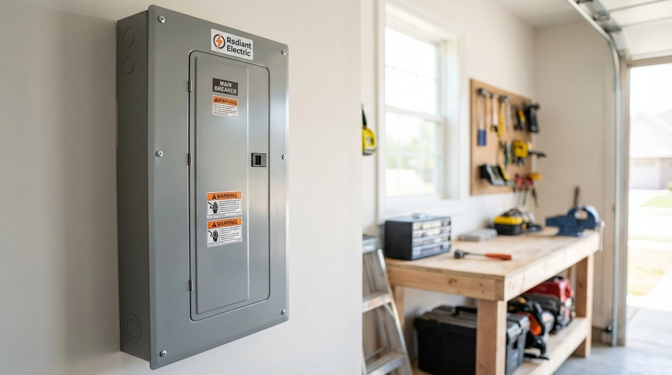 Residential electrical panel in a clean garage setting with Radiant Electric logo visible; people-free