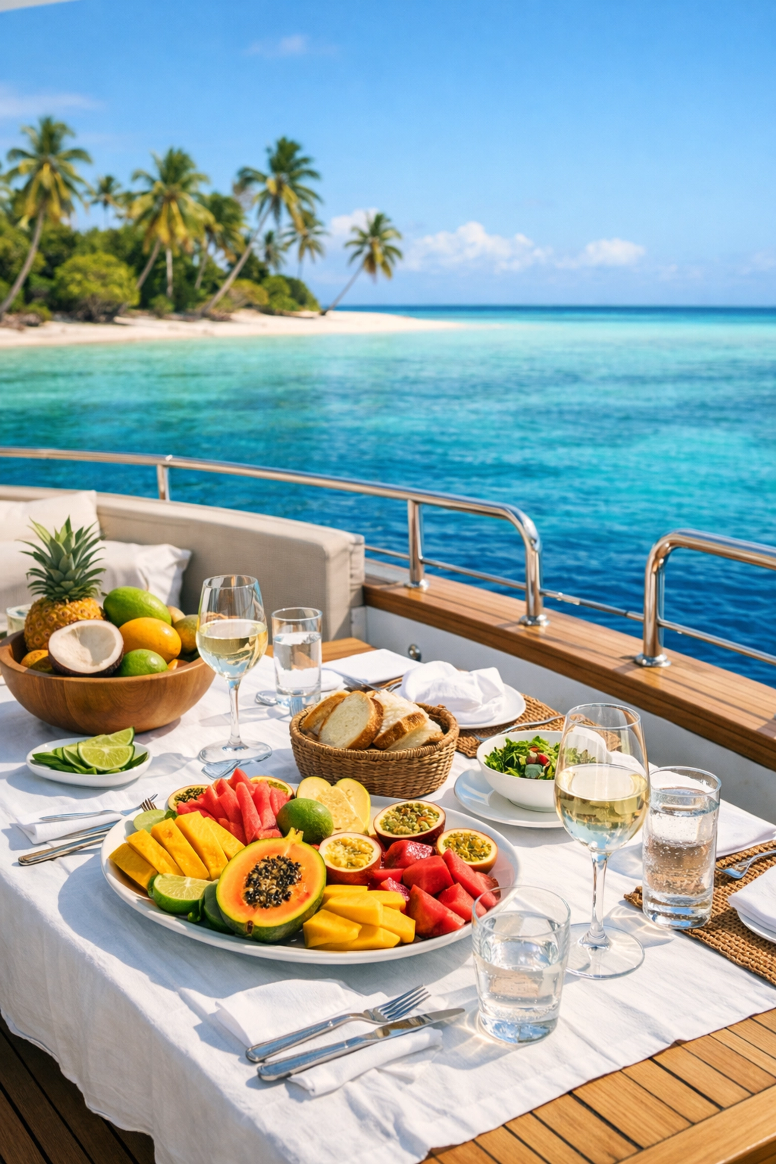 Gourmet lunch served on a luxury boat deck overlooking a tropical lagoon in Fakarava, French Polynesia.