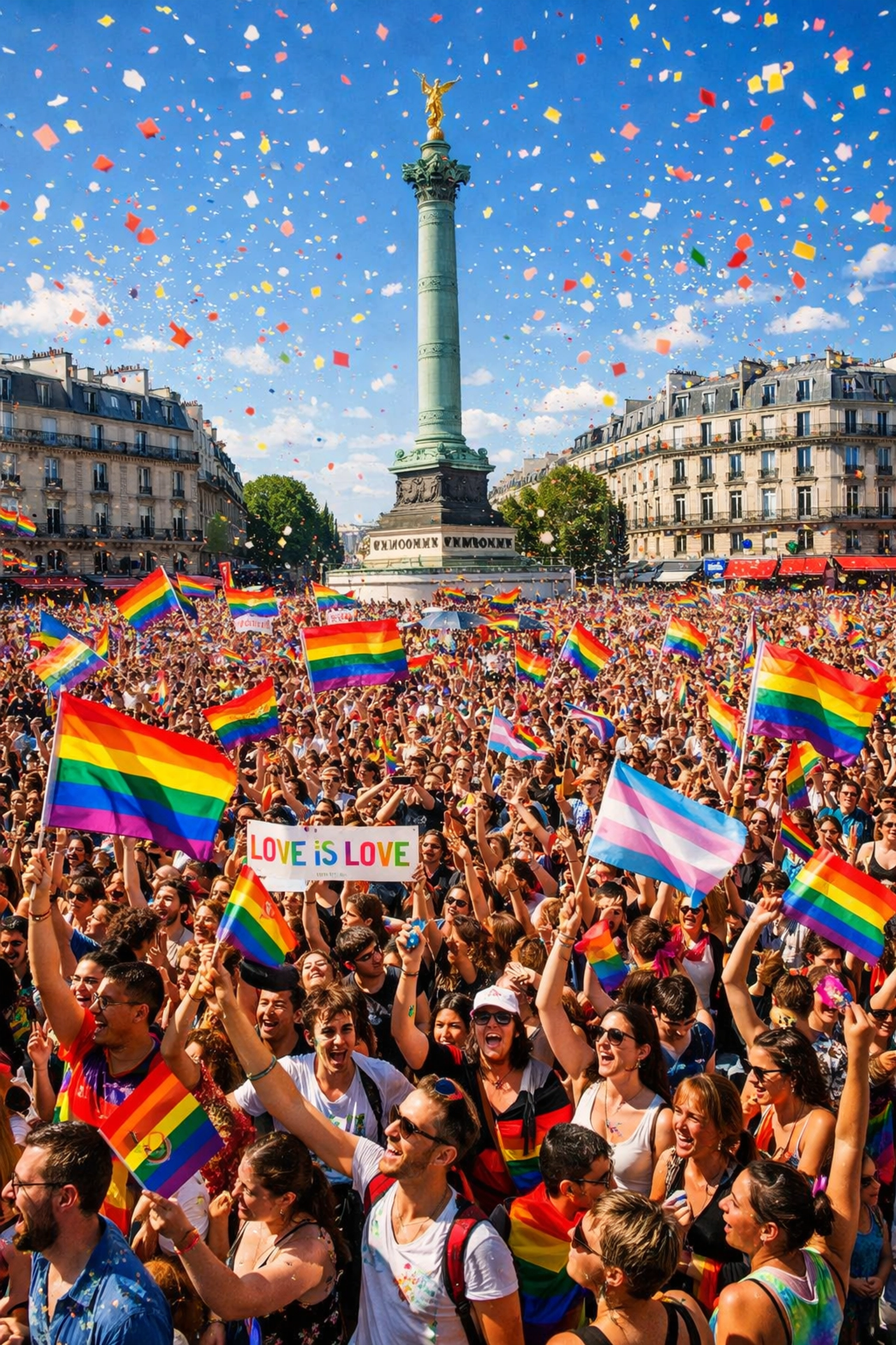 Paris Pride parade celebration with thousands waving rainbow flags at Place de la Bastille