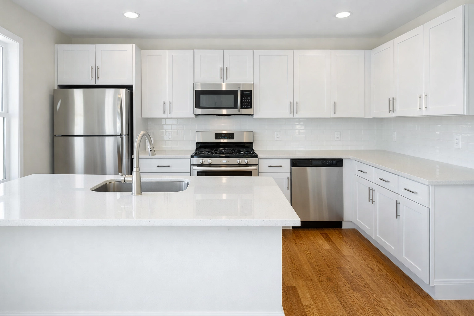 Professionally cleaned modern apartment kitchen with white cabinets and stainless steel appliances ready for new tenants.