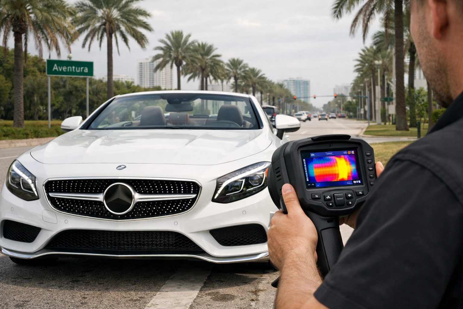 Specialized auto repair in Aventura FL checking a luxury car's radiator in the Florida heat.