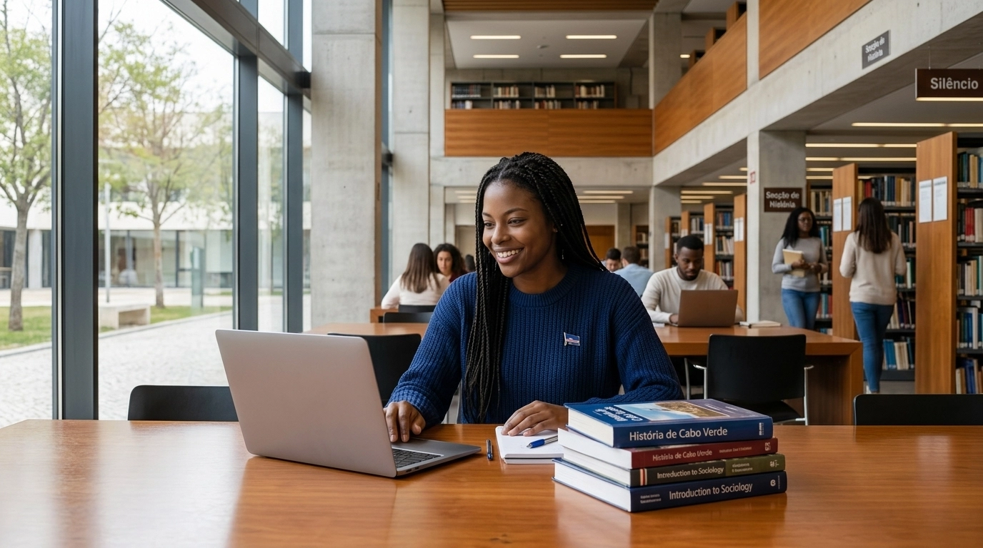 Uma jovem estudante de origem cabo-verdiana estudando concentrada numa biblioteca moderna em Portugal