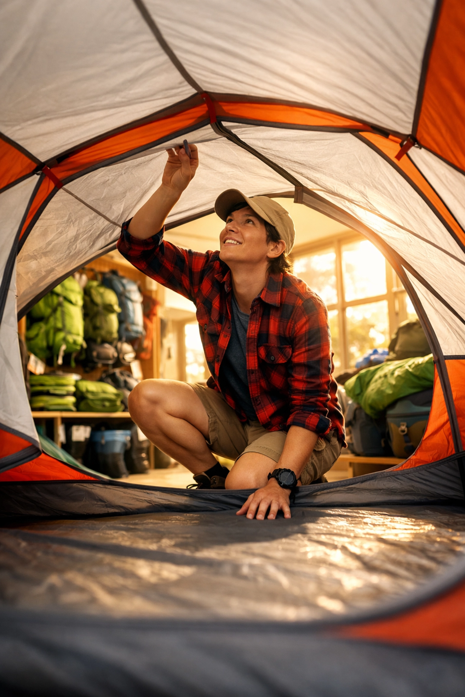 Camper inspecting tent interior before purchase for UK camping adventure