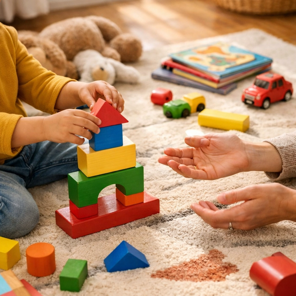 Naturalistic ABA therapy session using play and blocks to teach developmental skills