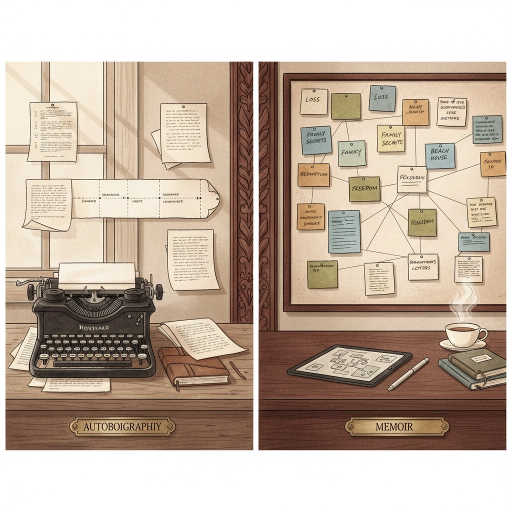 Illustrated comparison of autobiography and memoir. On the left, labeled 'Autobiography,' a vintage typewriter sits on a desk surrounded by papers, books, and a linear timeline pinned on the wall. On the right, labeled 'Memoir,' a desk holds a tablet, pen, notebook, and coffee cup, with a bulletin board above showing interconnected sticky notes with themes such as 'Family Secrets,' 'Freedom,' 'Loss,' and 'Redemption,' highlighting the thematic and flexible structure of memoirs.