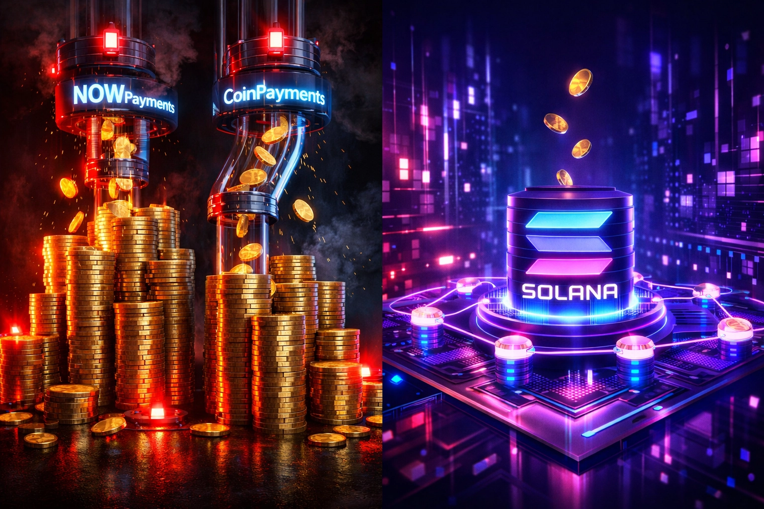 Crypto payment processing fee comparison showing high costs from NOWPayments vs minimal Solana gas fees