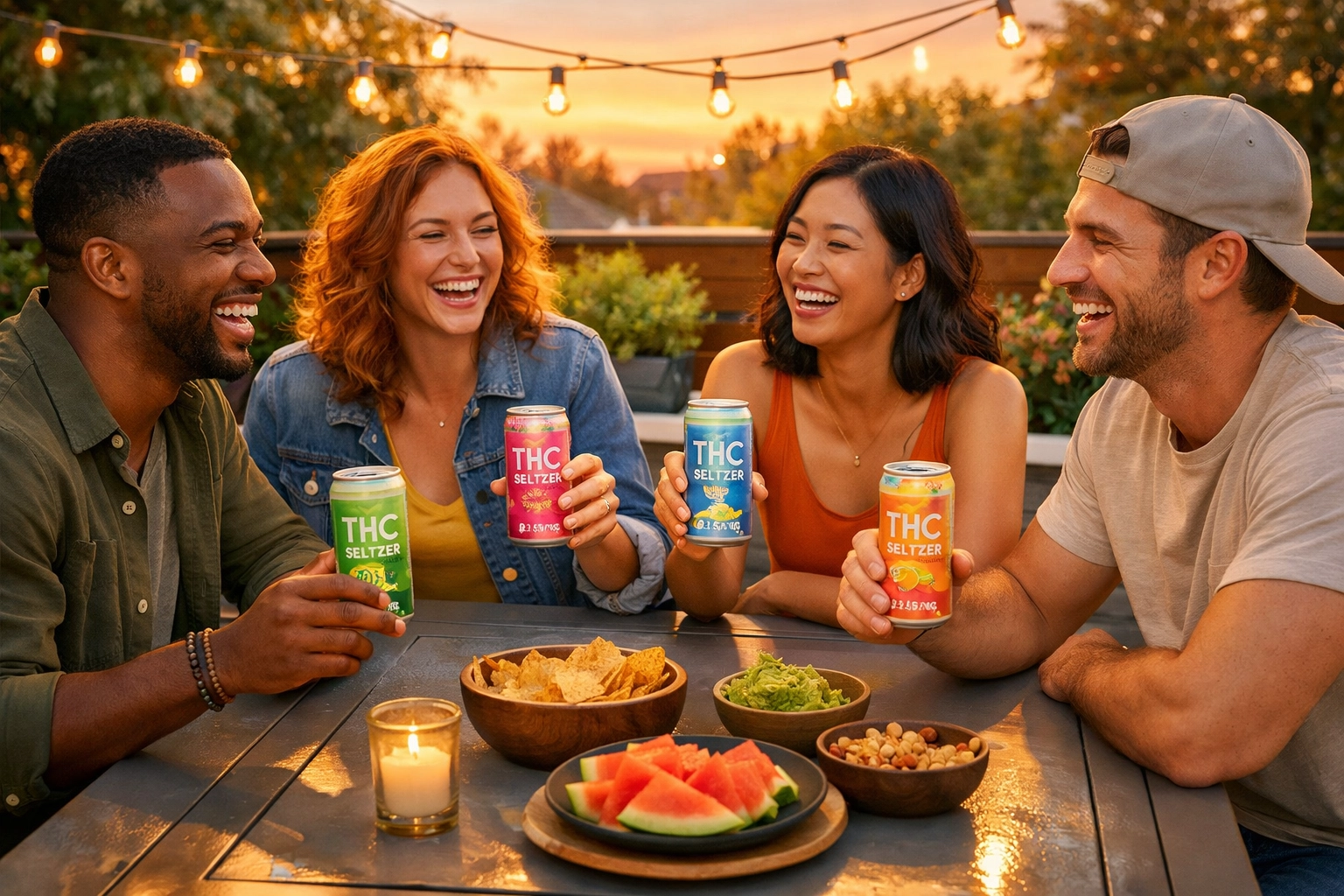 Friends enjoying low-dose 2.5mg THC drinks at outdoor social gathering with sessionable cannabis beverages