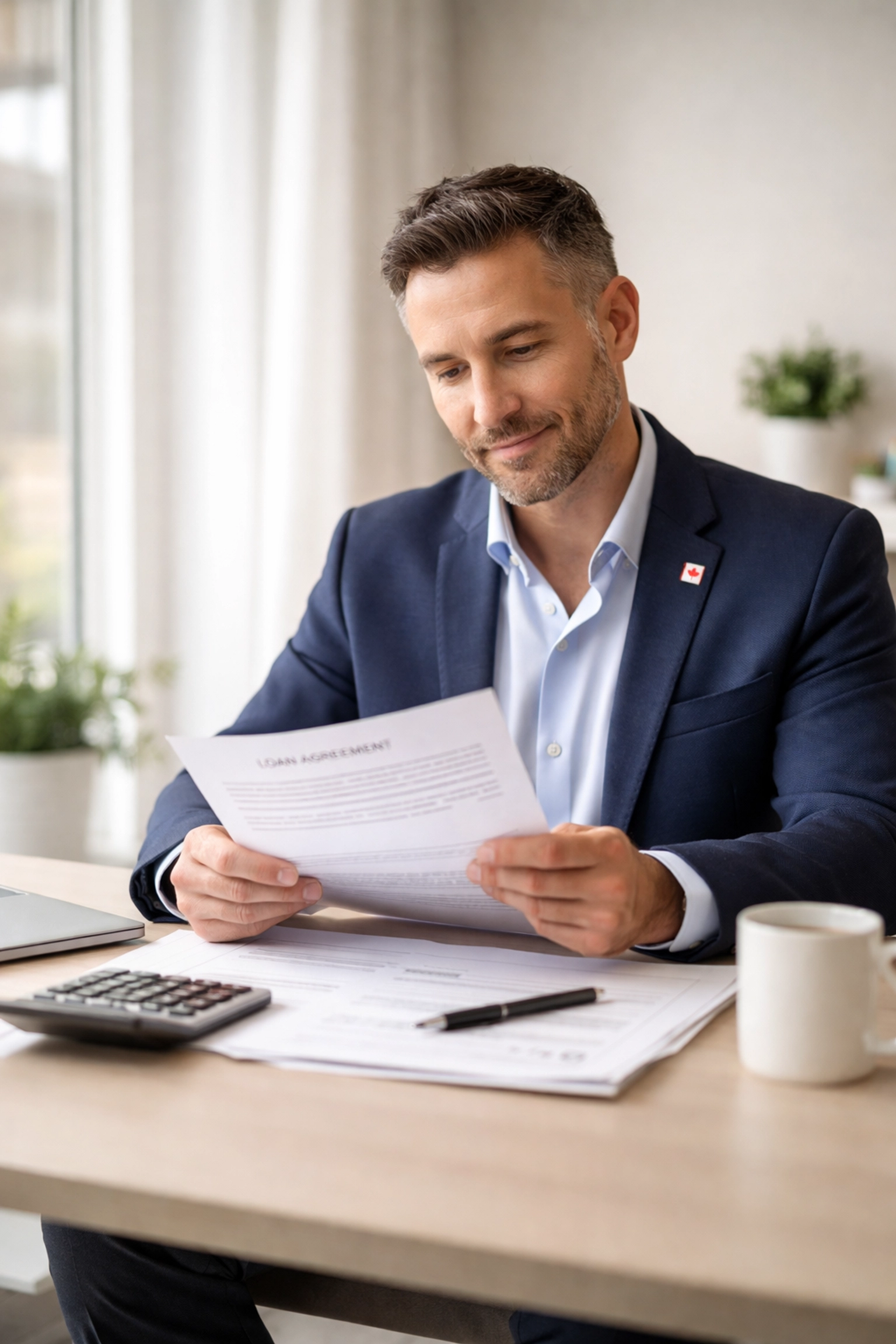 Business owner reviewing CSBFL loan documents with confidence at a modern desk