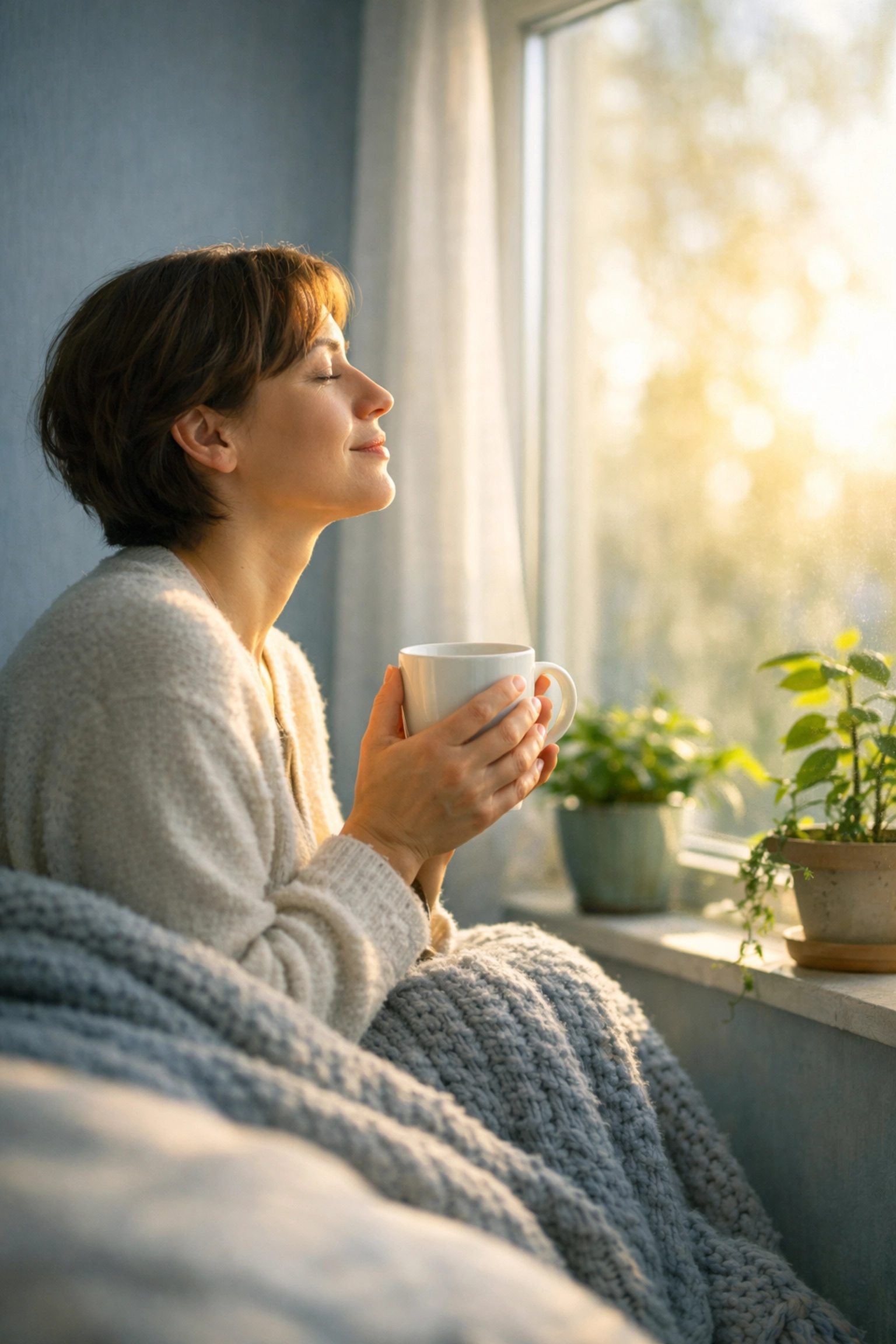 Person receiving morning sunlight by window to regulate circadian rhythm and mood stability