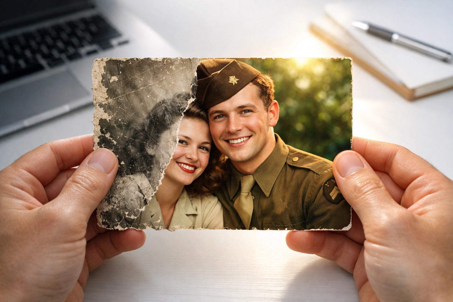 Restoration AI repairing a torn 1940s photo by fixing creases and adding natural color.