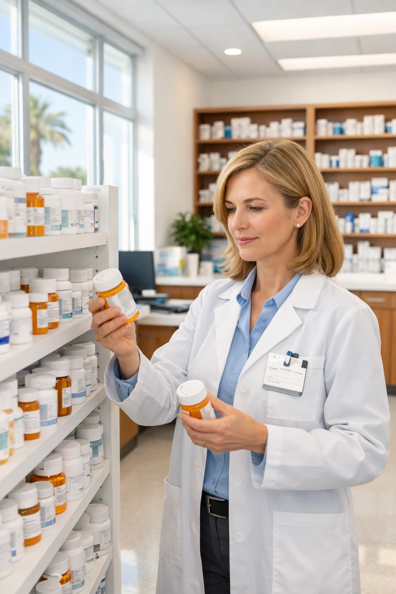 Licensed California pharmacist reviewing tirzepatide medication in professional pharmacy setting