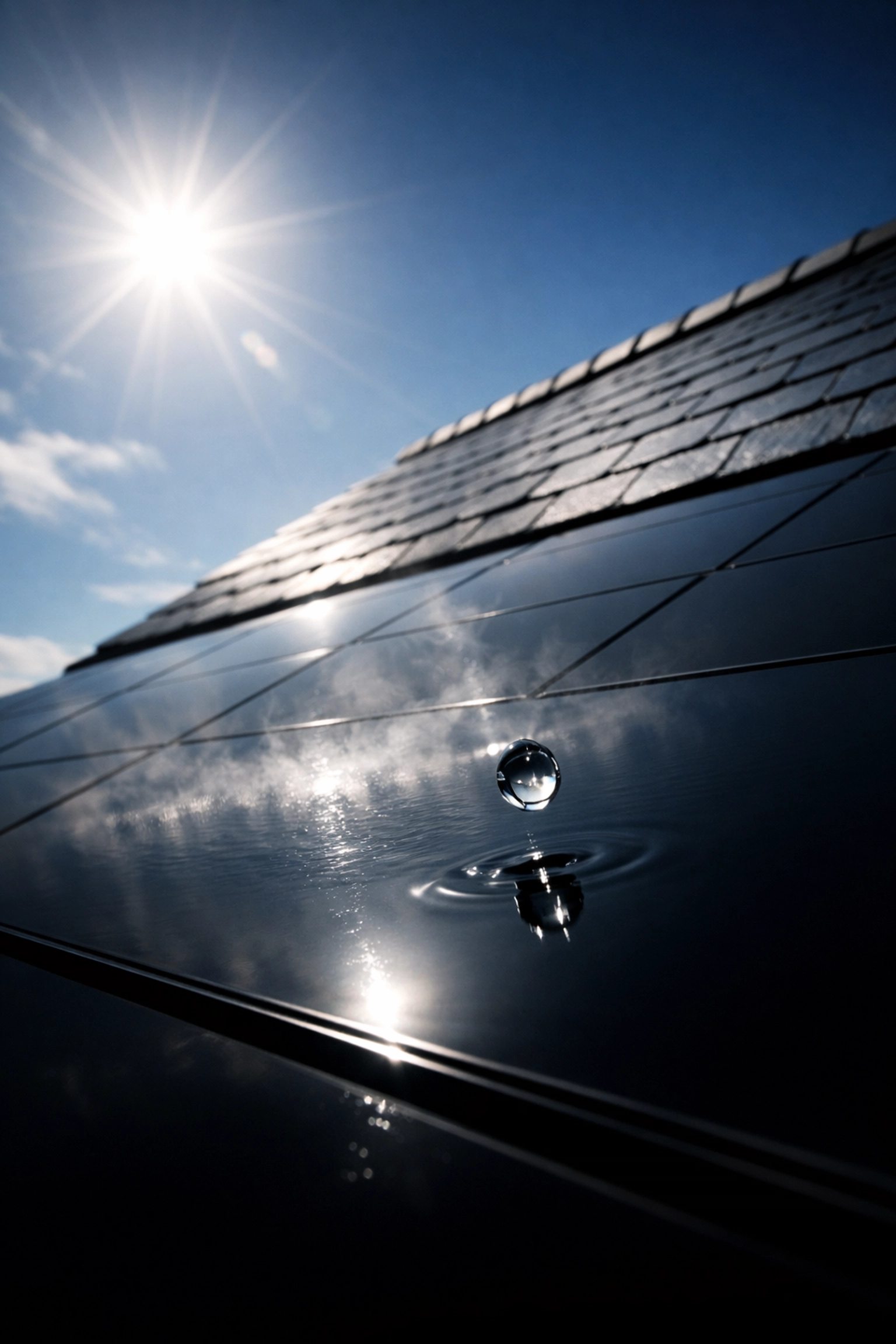 All-black solar panels on a slate roof showing the risk of thermal shock from cold water cleaning.