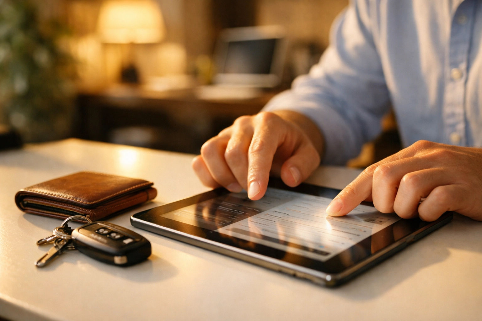 Using a tablet and car keys to manage a fast emergency loan canada and personal finances.