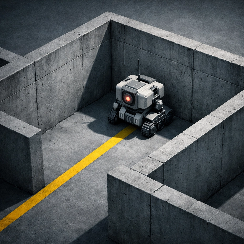 Robot bloqué dans un labyrinthe illustrant les limites rigides d'un chatbot classique.