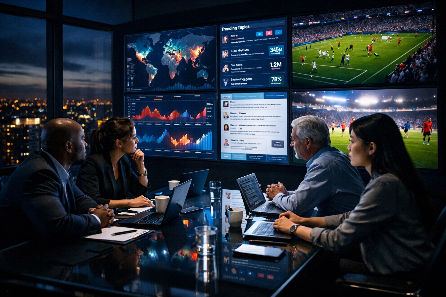 A marketing team in a war room monitoring real-time social media engagement during the Super Bowl.